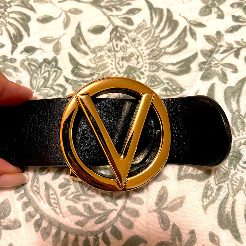 Valentino Leather Belt with Gold V Logo Like NEW
